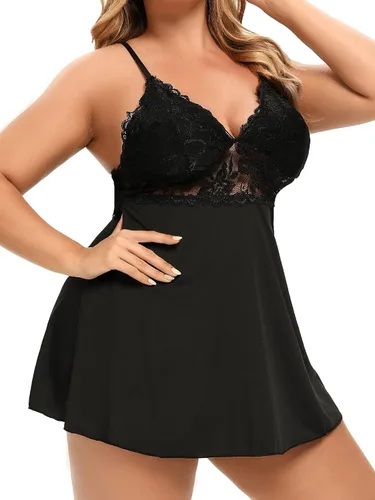 Vista 4 de Lencería sexy para mujer, talla grande, babydoll negro, cuello en V, encaje