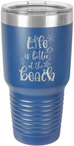 Vista 13 de La vida es mejor en la playa, vaso grabado de 76 ml con paja y tapa superior deslizante de acero inoxidable taza de viaje de acero inoxidable