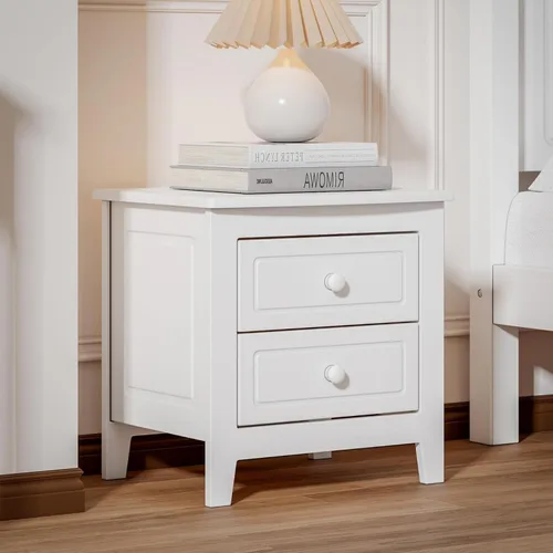 Vista 3 de JIJIWANG Mesita de noche moderna con 2 cajones, mesa auxiliar con diseño clásico de madera para dormitorio, sala de estar, sofá, entrada, pasillo