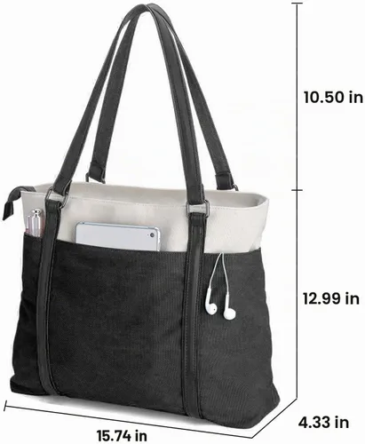 Vista 3 de Laptop Tote Bag for Women, 15.6 Inch Work Bag with Laptop Compartment and Zipper, Canvas Computer Tote for Teacher Negro