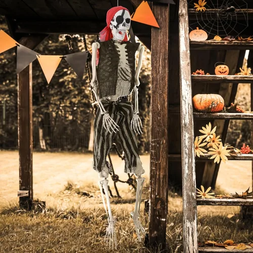 Vista 3 de Esqueleto de Halloween, esqueleto de imitación de tamaño natural de 25.6 in, huesos humanos realistas con articulaciones articuladas, estilo pirata