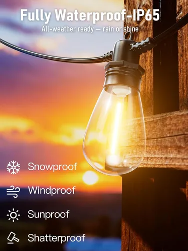 Vista 4 de Jerritte - Cadena de luces LED para exteriores de 60 pies con 16+1 bombillas Edison inastillables IP65 impermeables, 2700K regulables, luces