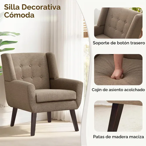 Vista 4 de HUIMO - Sillas Accent para sala de estar, sillón tapizado de lino con botones y nudos con patas de madera, cómodo sillón moderno de mediados