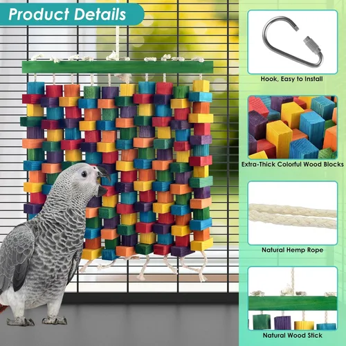 Vista 4 de DBNESS Juguete grande para pájaros, juguetes de loro de 20 pulgadas para jaula, bloques de madera naturales multicolor para masticar guacamayos
