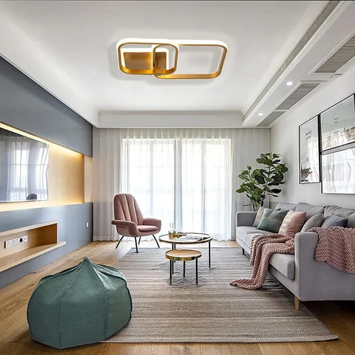 Vista 2 de Lámpara de techo LED moderna, lámpara de techo de montaje empotrado de 50 W, lámpara de techo cuadrada geométrica dorada para sala de estar