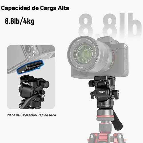 Vista 3 de NEEWER Trípode con cabeza fluida con base de nivelación +/-10° (37mm de diámetro), cabeza de pan y tilt de metal con placa QR tipo Arca, mango