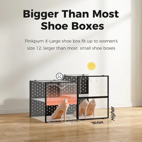 Vista 5 de Pinkpum Caja organizadora de almacenamiento extragrande para zapatos y zapatillas, 12 unidades, de plástico transparente, apilable, color negro
