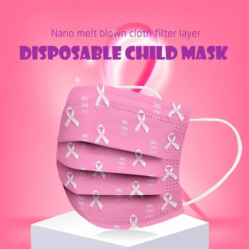 Vista 5 de Paquete de 50 mascarillas desechables para concientización del cáncer de mama, máscaras de cinta rosa para mujeres y adultos, protección facial de 3