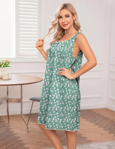 Vista 3 de Ekouaer Camisón para mujer, ropa de dormir de algodón, sin mangas, con cuello en V