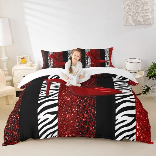 Vista 39 de Juego de funda de edredón para niños, tamaño individual, diseño de cebra y leopardo con purpurina, decoración de habitación para niñas y mujeres