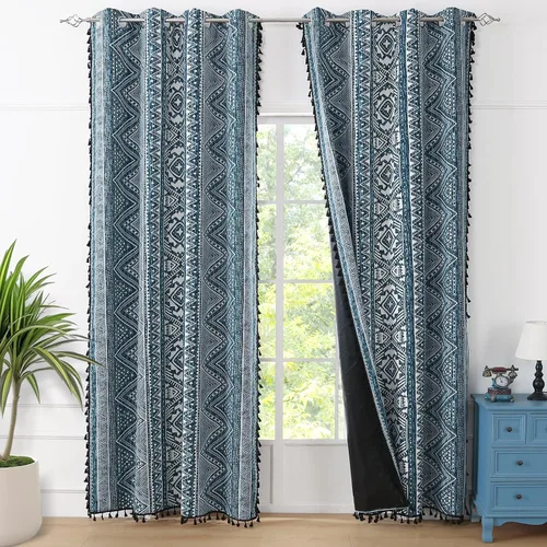 Vista 13 de Cortinas Boho ColorBird Beige Crema opacas, 2 paneles de 63 pulgadas de largo, tratamiento para ventanas con aislamiento térmico, estampado