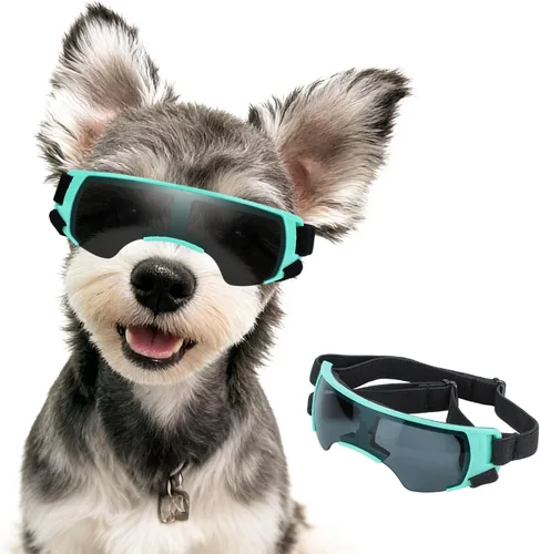 Vista 8 de Gafas de sol para perros pequeños con correas ajustables, lentes de sol anti-UV para perros, resistentes al viento, protección ocular para razas