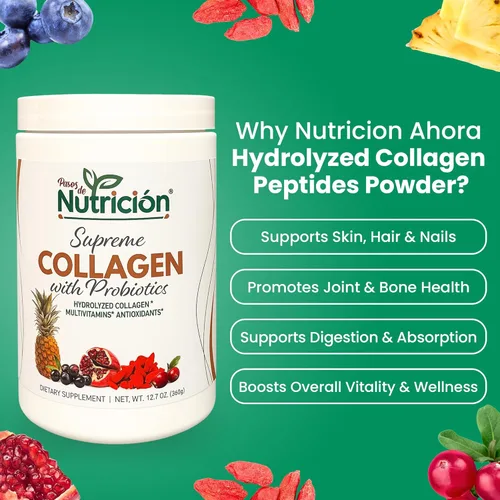 Vista 4 de Polvo de péptidos de colágeno hidrolizados, 12.7 onzas, suplemento de colágeno puro con probióticos y multivitamínicos, proteína de colágeno