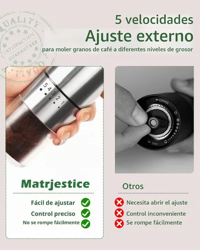 Vista 6 de Molinillo de café manual de acero inoxidable para goteo, prensa francesa, 5 ajustes ajustables, molinillo de café de mano, para uso doméstico