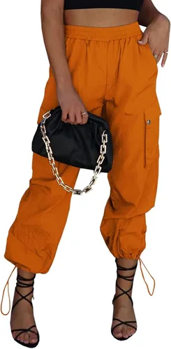 Vista 8 de Pantalones de paracaídas para mujer, cintura alta elástica, pantalones cargo Y2K holgados con 4 bolsillos