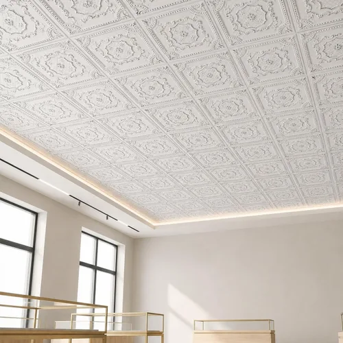 Vista 22 de De normal a hermoso en horas DCT04 Elizabethan Shield - Azulejos de PVC para techo de 2 x 2 pies (cubre 100 pies cuadrados), blanco negro antiguo