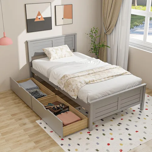Vista 12 de Giantex Cama individual de madera con 2 cajones de almacenamiento, plataforma de madera maciza con cabecero, base de colchón de soporte de listones