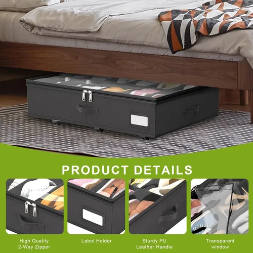 Vista 5 de homyfort Almacenamiento de zapatos debajo de la cama con ruedas, se adapta a 24 pares, organizador de zapatos rodante con soporte inferior y tapas