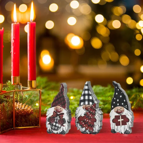 Vista 4 de Smile - 3 carteles de Navidad con bloques de madera, gnomos, regalos de gnomos, bandeja escalonada, para estante de mesa del hogar.