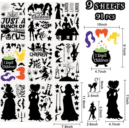 Vista 2 de Decoraciones de Hocus Pocus, calcomanías de ventana de Halloween, 9 hojas, 91 calcomanías de Hocus Pocus, calcomanías de silueta de ventana