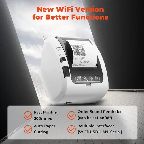 Vista 4 de MUNBYN Impresora térmica de recibos P047 WiFi, 3.150 in, USB/LAN/RS232, Windows/Mac/Linux, compatible con cuadrados, certificado Energy Star, caja