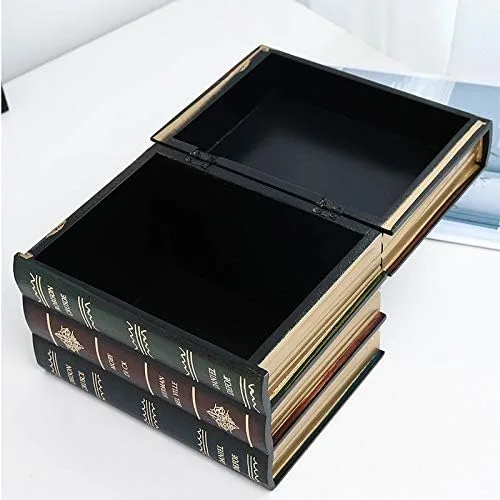 Vista 5 de YANGMEI Caja de almacenamiento clásica con forma de libro decorativa, caja de organización rectangular de madera para decoración de estantes