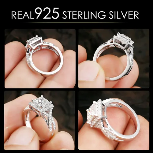 Vista 4 de Moissanite 2CT Princess Cut Halo Split Shank Solitaire Rings,D VVS1 Lab Created Diamond Ring 18K White Gold Plated S925 Sterling Silver Band