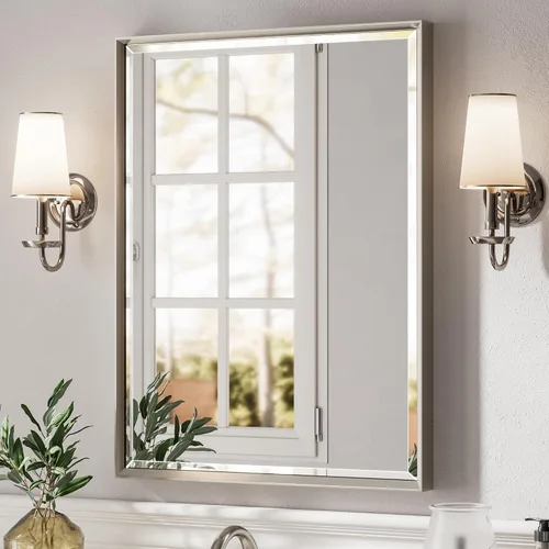 Vista 13 de Espejo de baño negro, espejo de baño biselado de 16 x 24 pulgadas para pared, espejo con marco negro antioxidante para decoración de baño, sala
