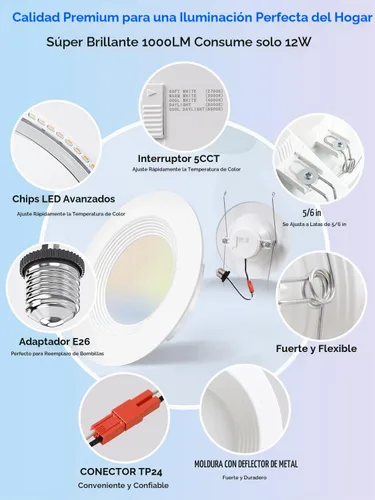 Vista 6 de Paquete de 6 luces LED empotrables 5CCT de 5/6 pulgadas, 2700K/3000K/4000K/5000K/6500K seleccionables, luces de lata regulables con borde deflector