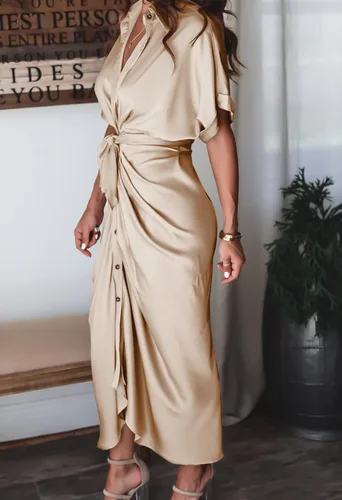 Vista 9 de Linsery Vestido camisero fruncido con botones para mujer, elegante vestido largo con cinturón