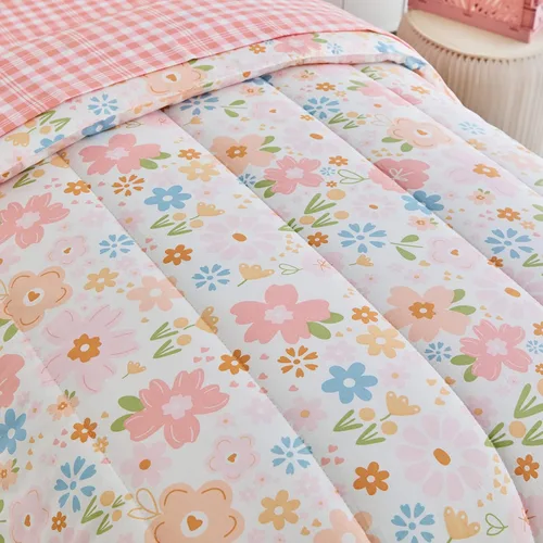 Vista 5 de Joyreap Juego de ropa de cama de algodón de 4 piezas para niñas, diseño de flores rosas, juego de edredón de algodón suave y transpirable, incluye