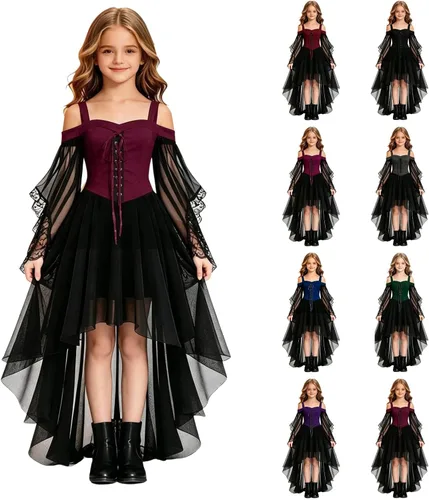 Vista 10 de NATHGAM Disfraz de Halloween para niñas, vestido de corsé de bruja vampiro Rojo