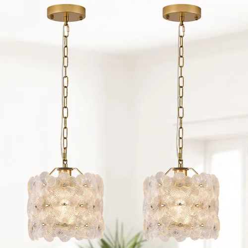 Vista 20 de Lámpara colgante de cristal dorado, paquete de 1 lámpara colgante de techo pequeña con flores modernas, 1 luz para cocina, isla, fregadero, comedor