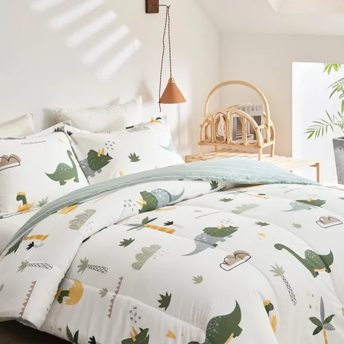 Vista 7 de Juego de edredón de algodón de dinosaurio para niños y niñas, edredón de algodón de 3 piezas, tamaño individual, diseño de dinosaurios verdes Dino