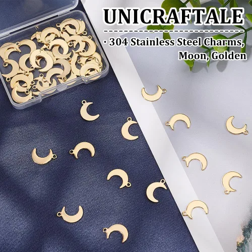 Vista 5 de UNICRAFTALE 50 dijes de luna de acero inoxidable, dijes dorados para hacer joyas, colgantes para collares, pulseras, aretes, manualidades, agujero