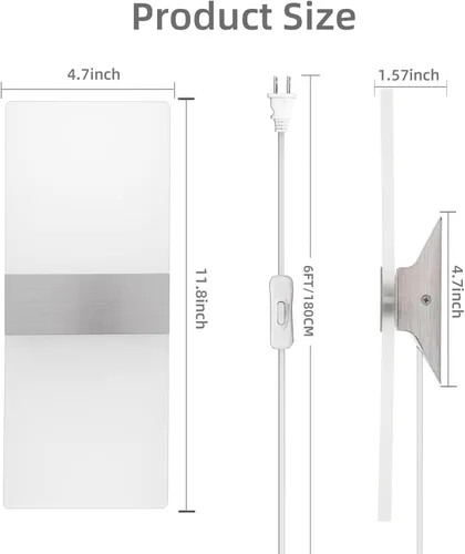 Vista 5 de KICAAO Apliques de pared, moderno aplique de pared enchufable, 10 W, 6000 K, luces de pared acrílicas blancas frías con cable de enchufe