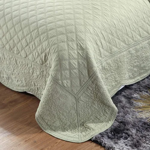 Vista 5 de vctops Juego de edredón bordado floral 100% algodón, 3 piezas, tamaño matrimonial/queen, reversible, con patrón de diamante, colcha acolchada Verde