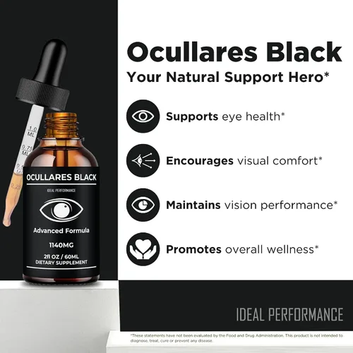 Vista 4 de Ocullares Black Drops, goteros oficiales de Ocullares para la salud de ojos negros, máxima fuerza, bienestar visual natural y vista cristalina