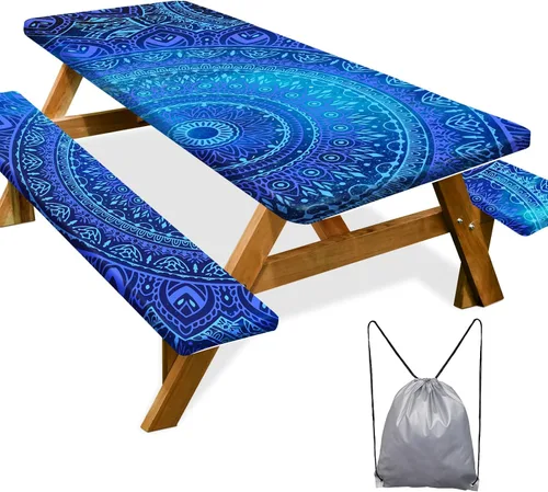 Vista 14 de Mantel de mesa de picnic con fundas de banco de 6 pies, 3 piezas, impermeable, resistente al viento, mantel de camping estético con bolsa