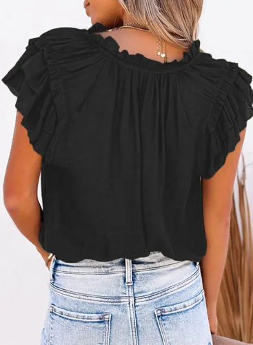 Vista 4 de Dokotto - Blusas informales con cuello en V para mujer, diseño de manga corta, con cordón ajustable