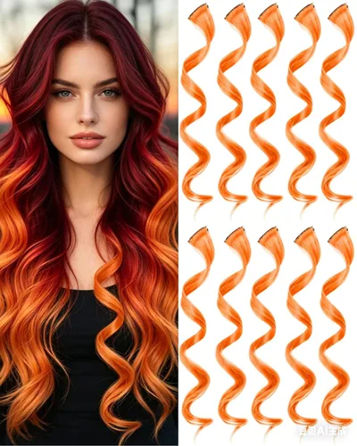 Vista 11 de 10 extensiones de cabello sintético rizado y ondulado negro con clip, reflejos de fiesta de neón arcoíris, accesorios de cabello coloridos