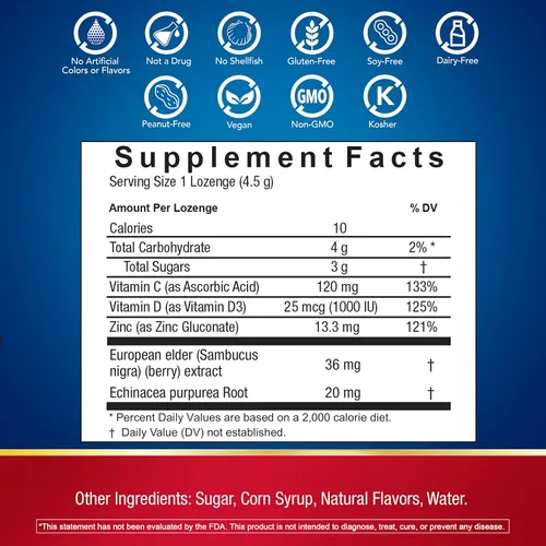 Vista 6 de Defend-EEZE - Pastillas de suplemento dietético de apoyo inmunológico, 100% valor diario de zinc, vitaminas C y D por dosis, con equinácea y saúco