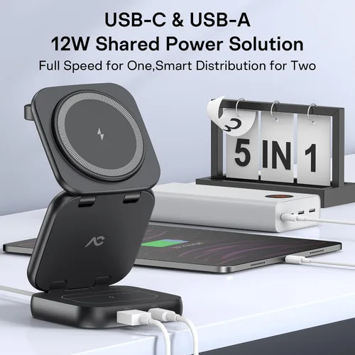 Vista 3 de Cargador inalámbrico 5 en 1 para MagSafe, estación de carga de viaje portátil AC ISLAND de 35 W, soporte magnético plegable rápido Qi2 de 35 W
