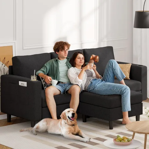 Vista 9 de Sofá seccional en forma de L de 78", sofá de 3 asientos para apartamento, lino negro