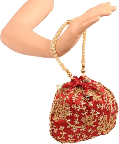 Vista 2 de Touchstone Bolsa tradicional india bordada a mano, regalos de compras, joyería de boda, perlas de imitación, cuerdas, bolsa con cordón para mujer.