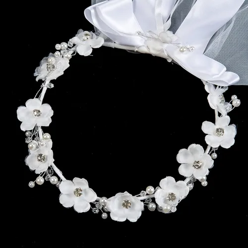 Vista 7 de DDazzling Corona de flores niñas primera comunión blanco floral guirnalda velo de encaje