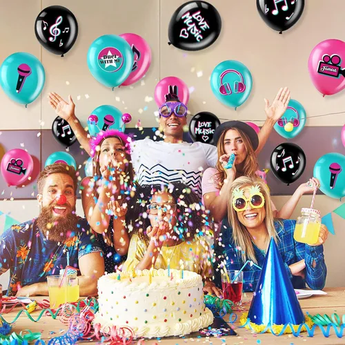 Vista 3 de 45 globos de fiesta musical de 12 pulgadas con cinta, letreros de notas musicales