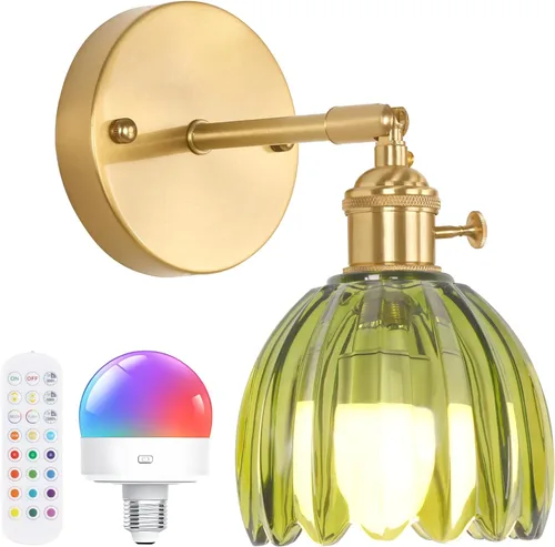 Vista 15 de Shenmoyl Aplique de pared vintage a pilas con bonita pantalla de vidrio de tulipán blanco, inalámbrico, recargable, luz de pared funciona