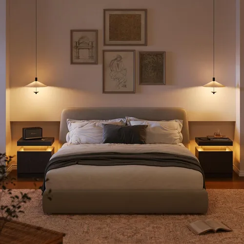 Vista 7 de Juego de 2 mesitas de noche con 2 cajones de madera, moderna mesita de noche LED para dormitorio