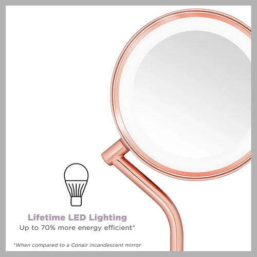 Vista 5 de Conair Espejo de maquillaje iluminado con aumento, espejo de tocador LED, espejo de aumento 1X/5X, espejo de doble cara, funciona con batería, oro